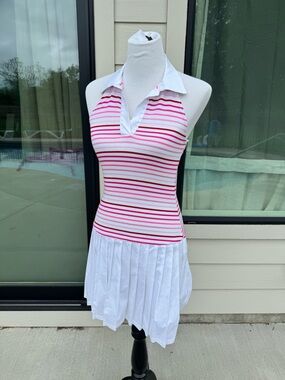 Vintage Pleated Striped Pink & White Halter Tennis Dress